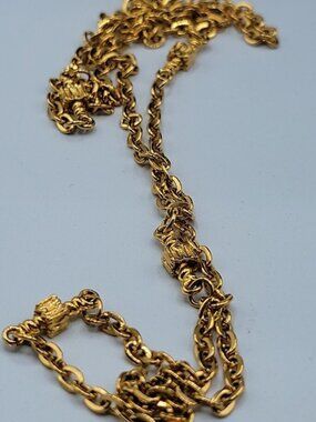 Roget Goldtone Necklace 37" Signed Gold Tone Chain Gold Nugget Stations Necklace